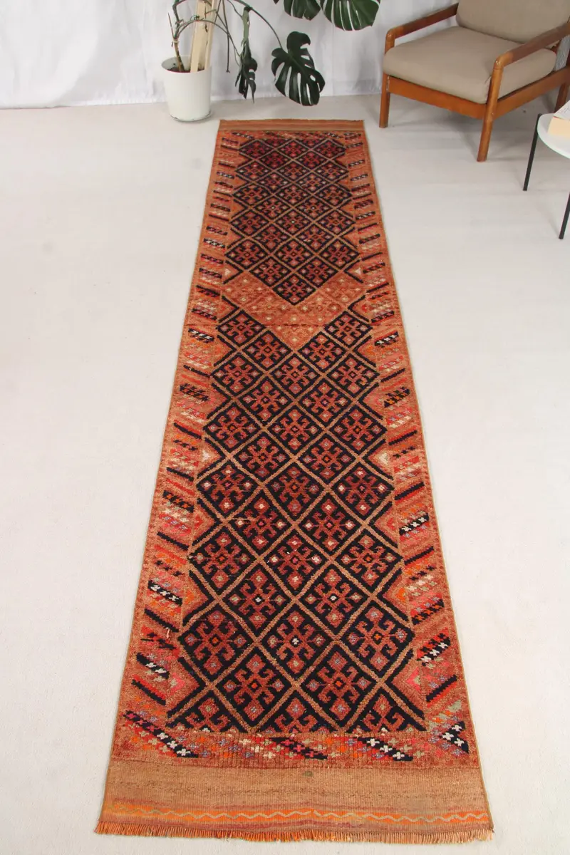 Alfombra vintage de 2,7x12,1 pies, alfombra de corredor turco, alfombra de lana roja del suroeste - 1