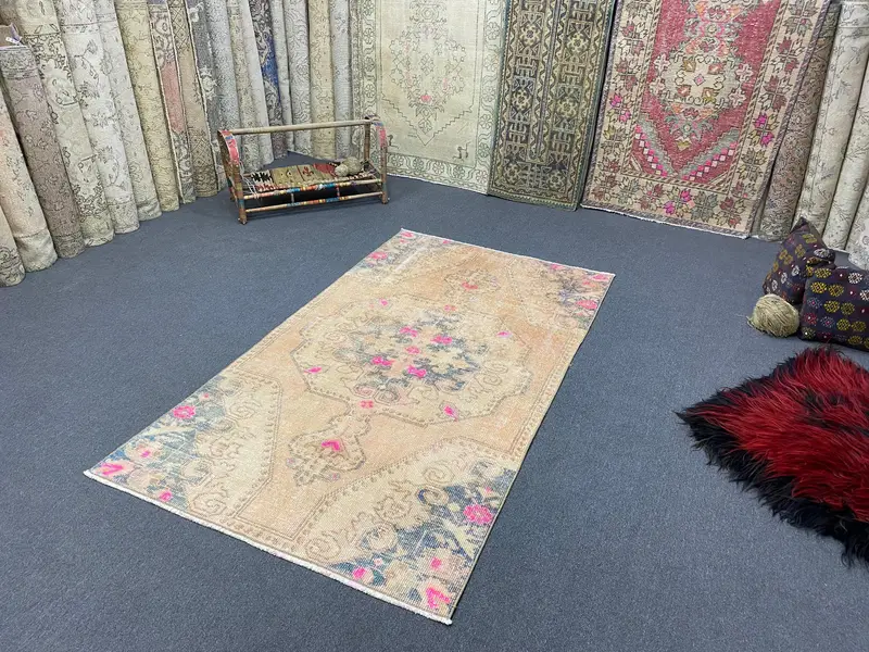 Turkish Vintage Rug 3.6x6.3 ft (111x192 cm), Oushak Blue Pink Rug - 1