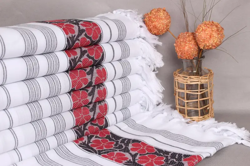 Personalized Red-Black Floral Towel, 40x71 Inches, Organic Cotton