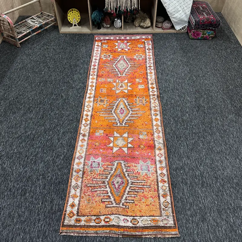 Vintage Turkish Rug, 2.8x9.7 ft Herki Rug, Orange Geometric Wool Rug - 1