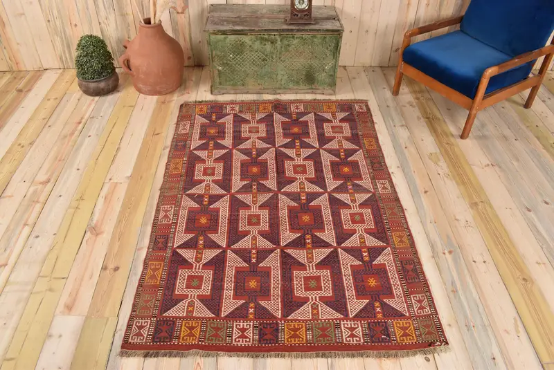 Kırmızı ve Mavi Soyut Halı, 4,3x6,1 ft Şık Dekor