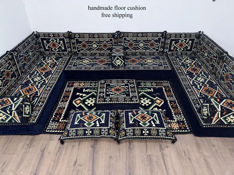 Modular Ottoman Set with Blue & Beige Wool Blend, Victorian Ottoman