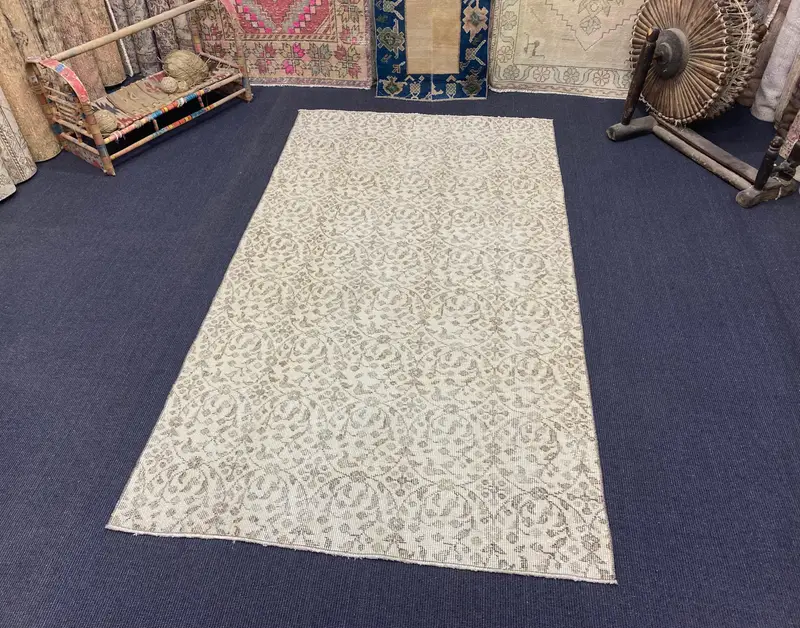 3.8x6.9 ft Oushak Halı, Vintage Türk Halısı, Beyaz Gri Soyut Halı - 1