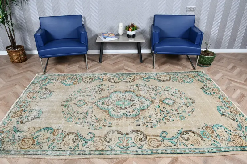 Oushak Vintage Halı, 5.3x8.6 ft Türk Halısı, Mavi Kamuflaj Yün Halı - 1