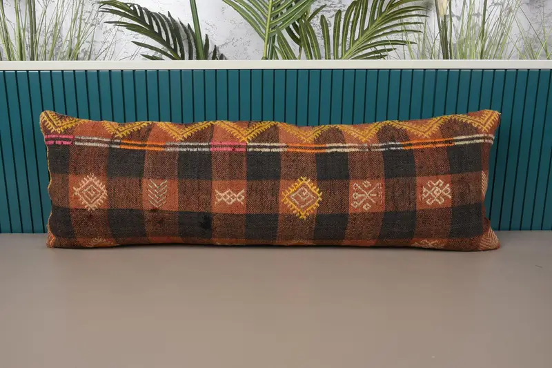 Braun & Gelb gestreiftes Kissen, Vintage besticktes Wurfkissen