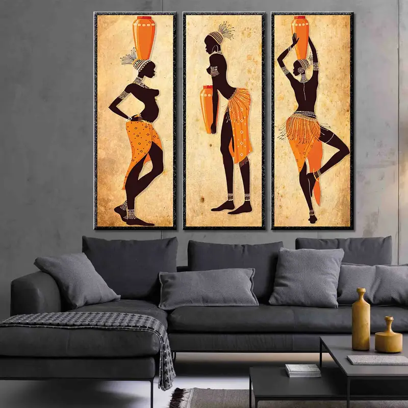 Set of 3 Ethnic Dancing African Women Artwork, Modern Wall Art Canvas, African Girls Wall Art, Orange Wall Decor, Black Woman for Wall, - 3