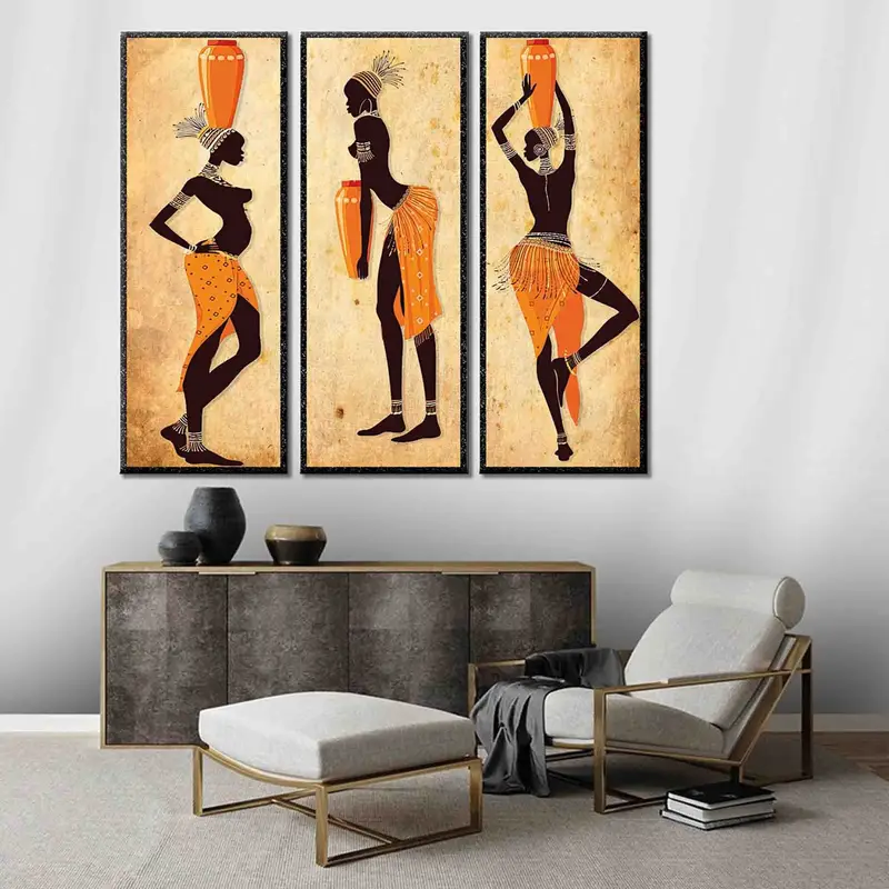 Set of 3 Ethnic Dancing African Women Artwork, Modern Wall Art Canvas, African Girls Wall Art, Orange Wall Decor, Black Woman for Wall, - 7
