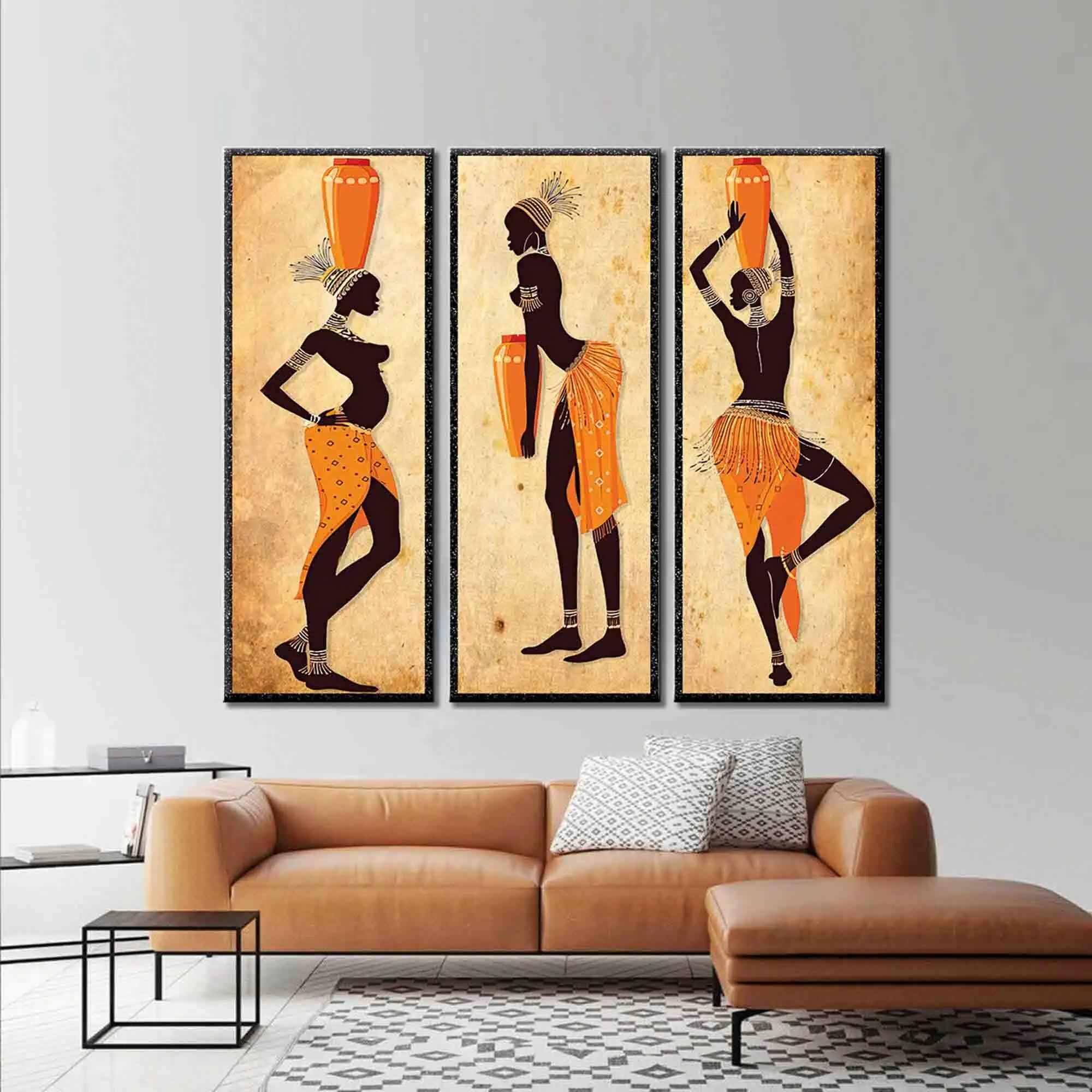 Set of 3 Ethnic Dancing African Women Artwork, Modern Wall Art Canvas, African Girls Wall Art, Orange Wall Decor, Black Woman for Wall, - 1