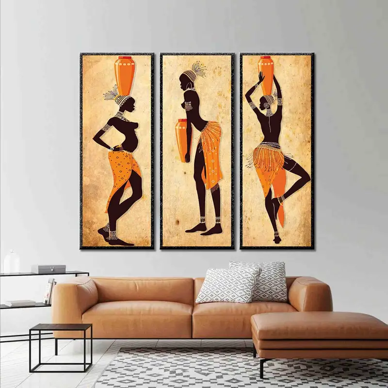 Set of 3 Ethnic Dancing African Women Artwork, Modern Wall Art Canvas, African Girls Wall Art, Orange Wall Decor, Black Woman for Wall, - 1