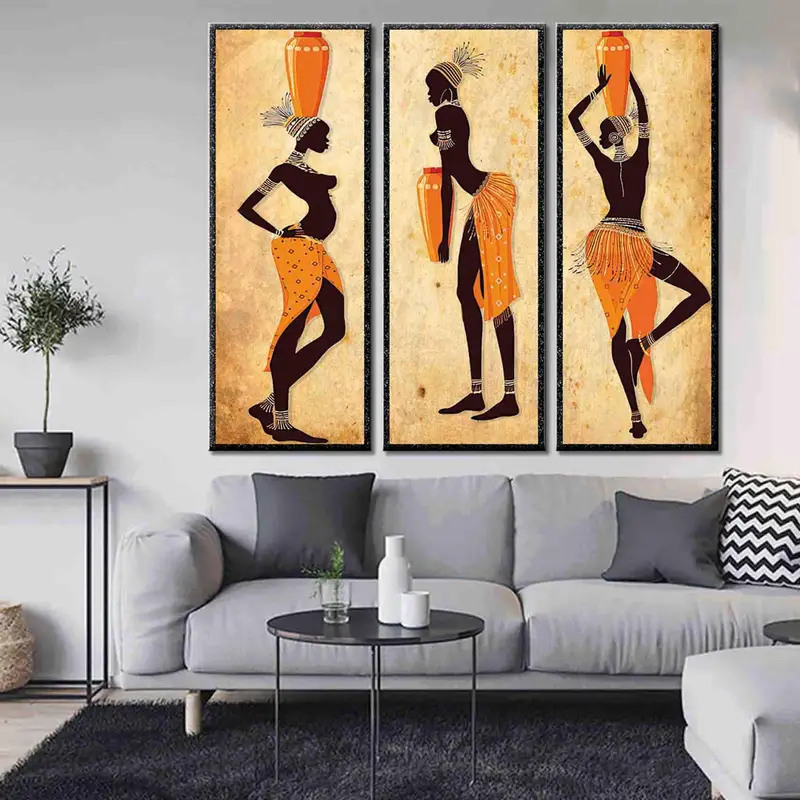 Set of 3 Ethnic Dancing African Women Artwork, Modern Wall Art Canvas, African Girls Wall Art, Orange Wall Decor, Black Woman for Wall, - 2
