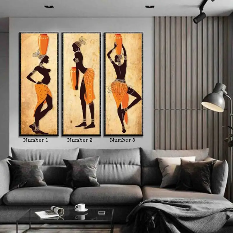 Set of 3 Ethnic Dancing African Women Artwork, Modern Wall Art Canvas, African Girls Wall Art, Orange Wall Decor, Black Woman for Wall, - 6