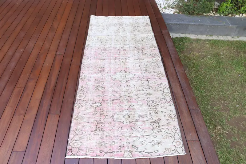 2.6x6.6 ft Runner Turkish Vintage Rug, White Floral Wool Rug - 1