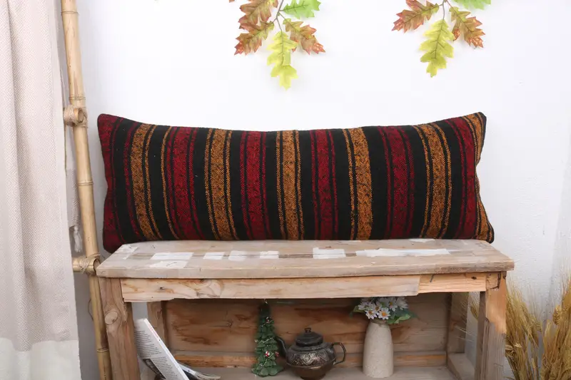 Rot & Braun gestreiftes Wurfkissen, 12x36 handgemachtes Kissen