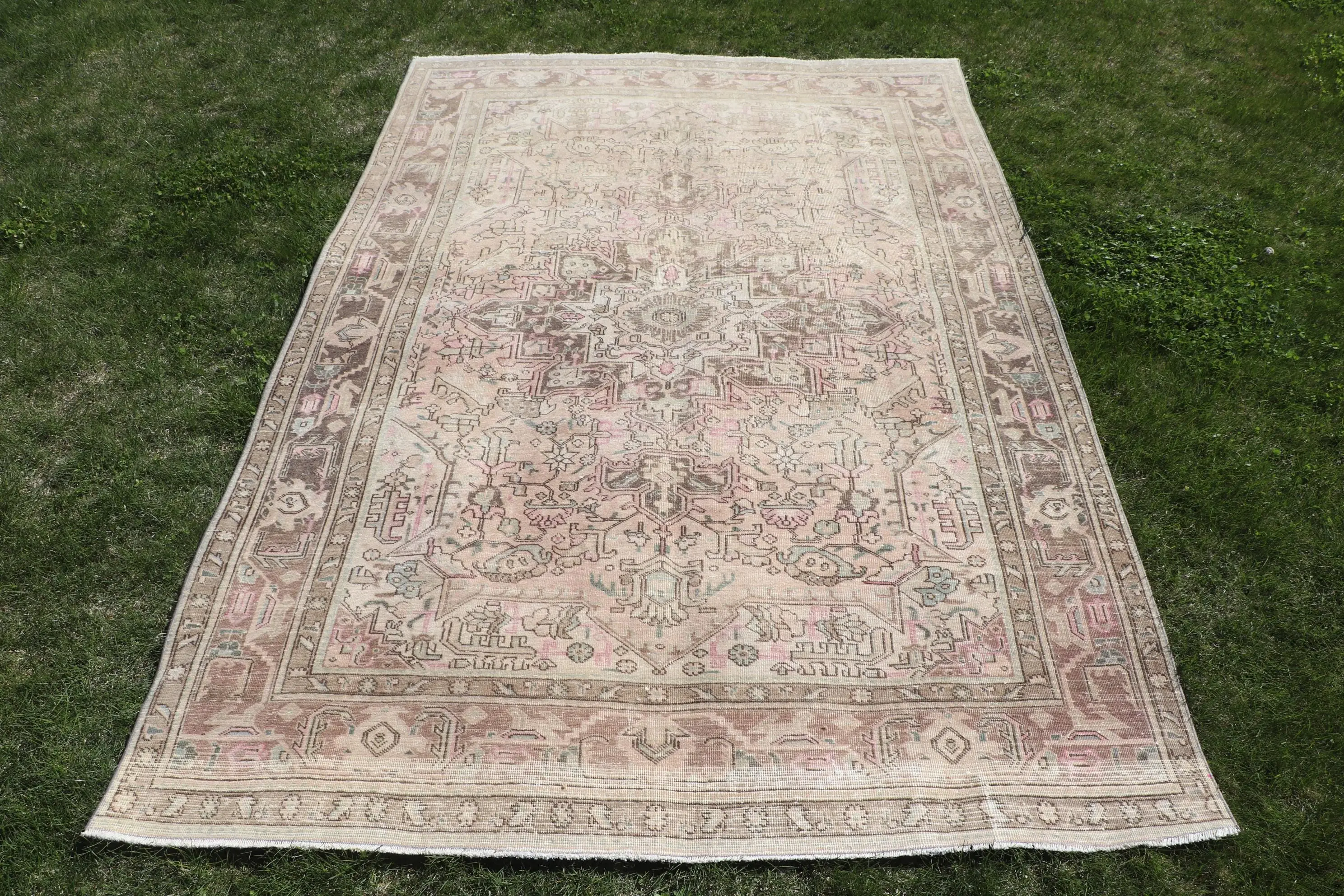 6,3x9,6 ft Teppich, türkischer Vintage-Teppich, rosa karierter Wollteppich - 1