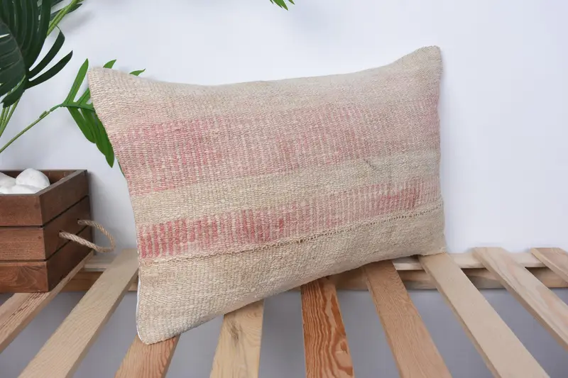 Pillow Case, Boho Pillow Sham Cover, 12x20 Beige Cushion, Kilim Pillow, Outdoor Bolster Cushion, Turkish Kilim Pillow - 4