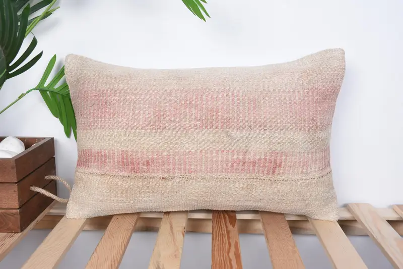 Pillow Case, Boho Pillow Sham Cover, 12x20 Beige Cushion, Kilim Pillow, Outdoor Bolster Cushion, Turkish Kilim Pillow - 1