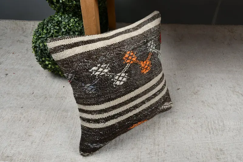 Handmade Kilim Cushion, Christmas Pillow Case, Antique Pillows, Accent Cushion Cover, Boho Pillow, Cushion, 14x14 Brown Cushion Case - 7