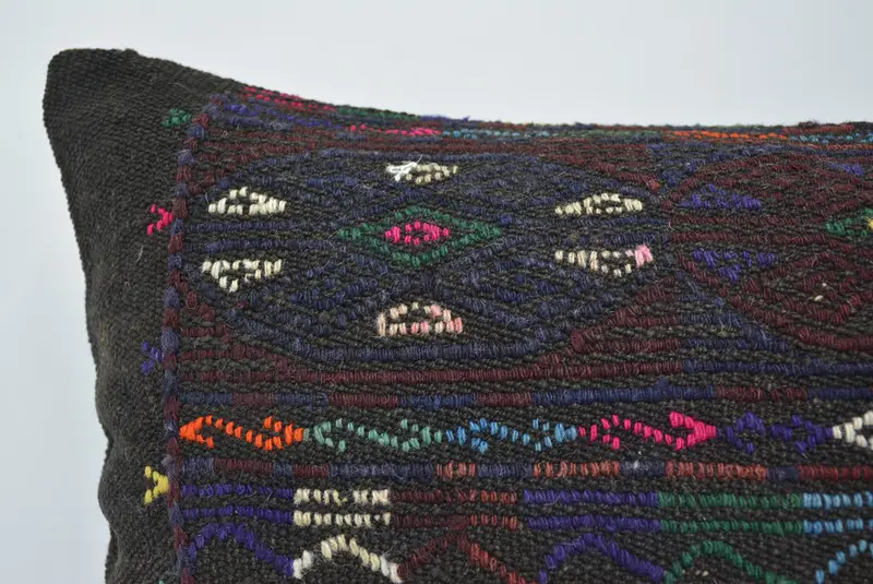 Knitted Pillow, Turkish Corner Pillow, Cushion, Boho Pillow, 16x24 Black Cushion Case, Vintage Kilim Throw Pillow, Boho Pillow Sham Cover - 2