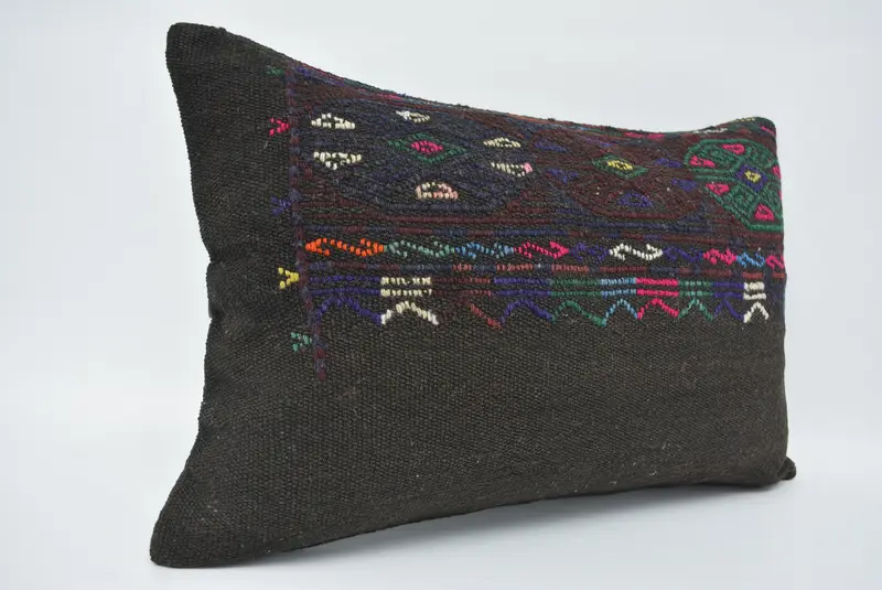 Knitted Pillow, Turkish Corner Pillow, Cushion, Boho Pillow, 16x24 Black Cushion Case, Vintage Kilim Throw Pillow, Boho Pillow Sham Cover - 3