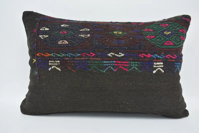 Knitted Pillow, Turkish Corner Pillow, Cushion, Boho Pillow, 16x24 Black Cushion Case, Vintage Kilim Throw Pillow, Boho Pillow Sham Cover - 1
