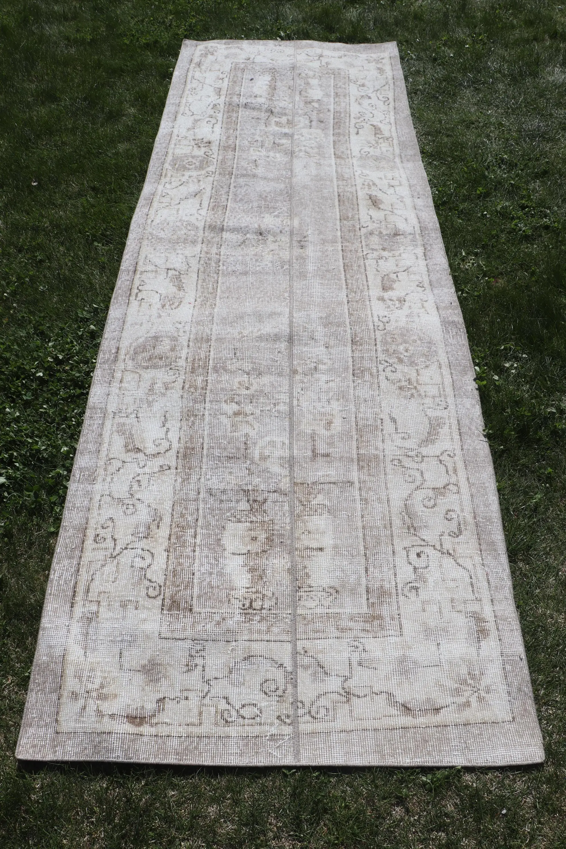 Vintage Runner Rug 3.3x10.1 ft, White Ombré Turkish Wool Rug - 1