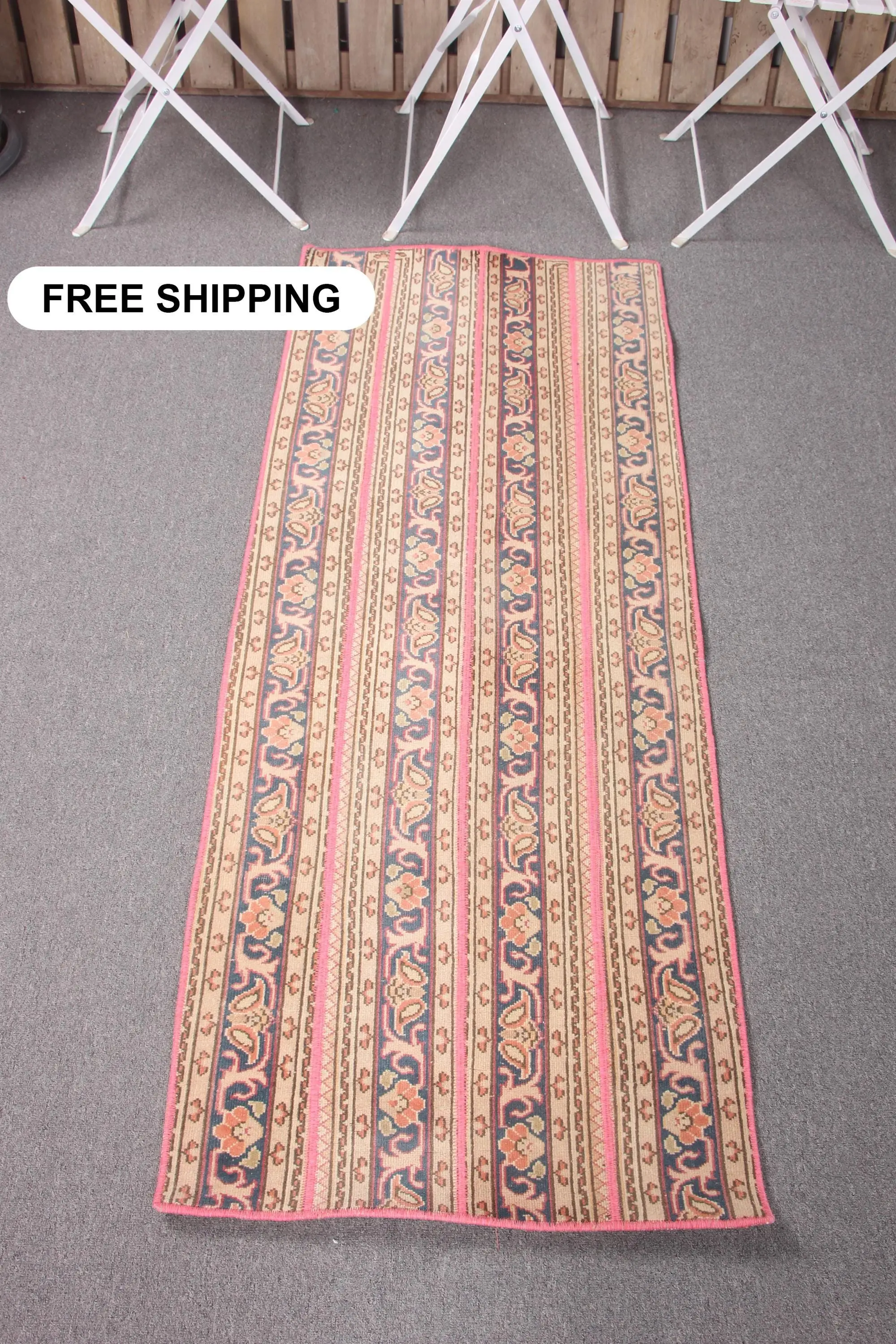 Vintage Runner Rug 2.1x5.3 ft, Blue Pink Solid Rug Wool - 1