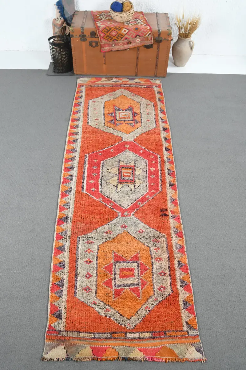 2.8x9 ft Turkish Runner Rug, Orange Red Vintage Camouflage Wool Rug - 1