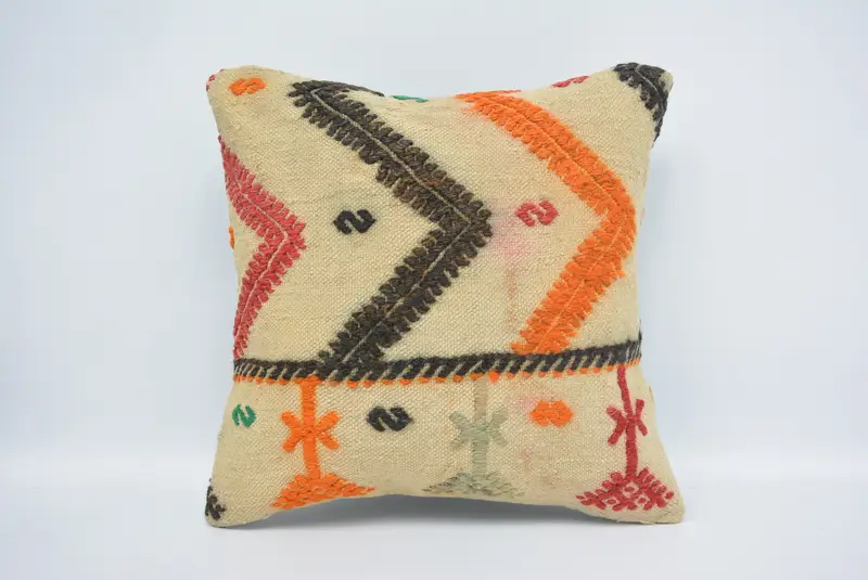 Retro Cushion, 16x16 Beige Pillow Sham, Yoga Pillow Sham, Home Decor Pillow, Cushion Cover, Kilim Pillow Cover, Pillow for Couch, Oriental Cushion - 1
