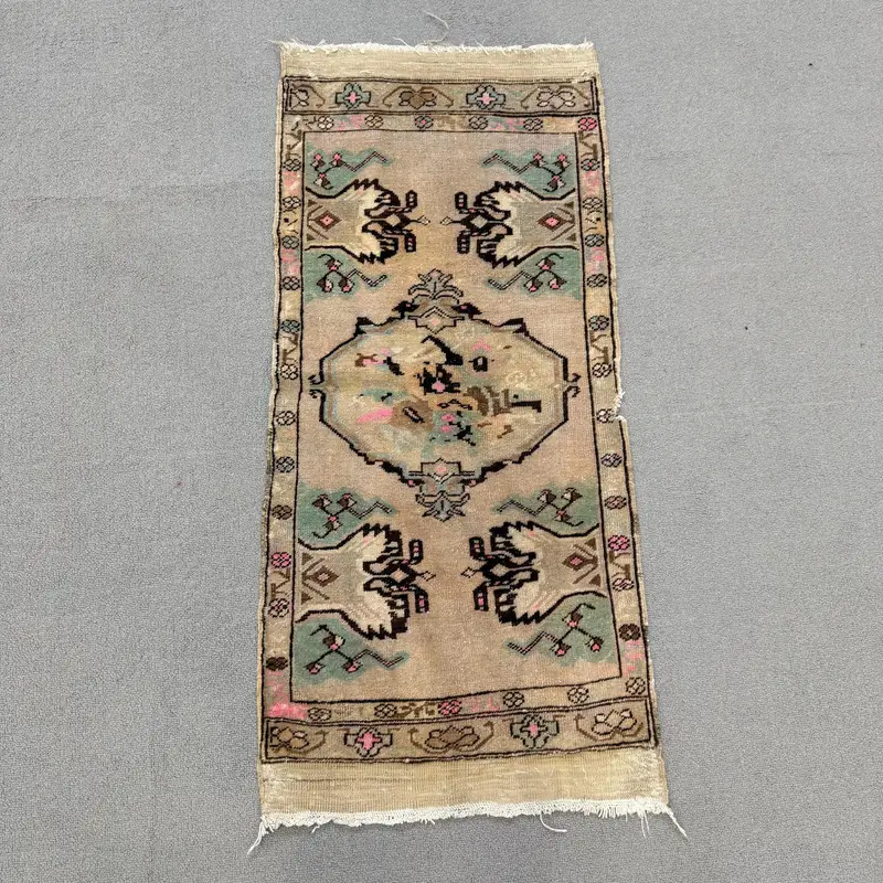 Vintage Oushak Kleiner Teppich 1,6x3,3 ft (48x102 cm), türkischer brauner gepunkteter Wollteppich - 1