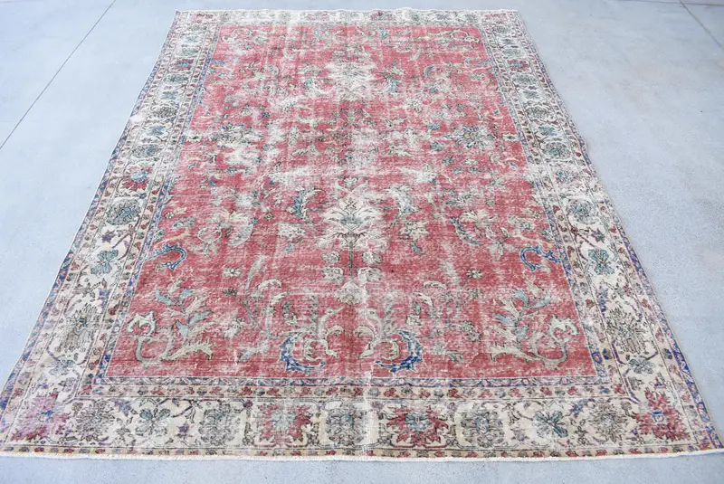 7.8x10.4 ft Halı, Türk Vintage Halısı, Kırmızı Bej Çiçekli Yün Halı - 1