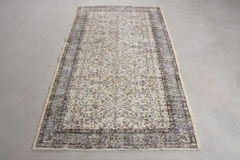 Turkish Oushak Area Rug 3.9x6.6 ft (118x200 cm), Vintage Brown Solid Wool Rug - 1