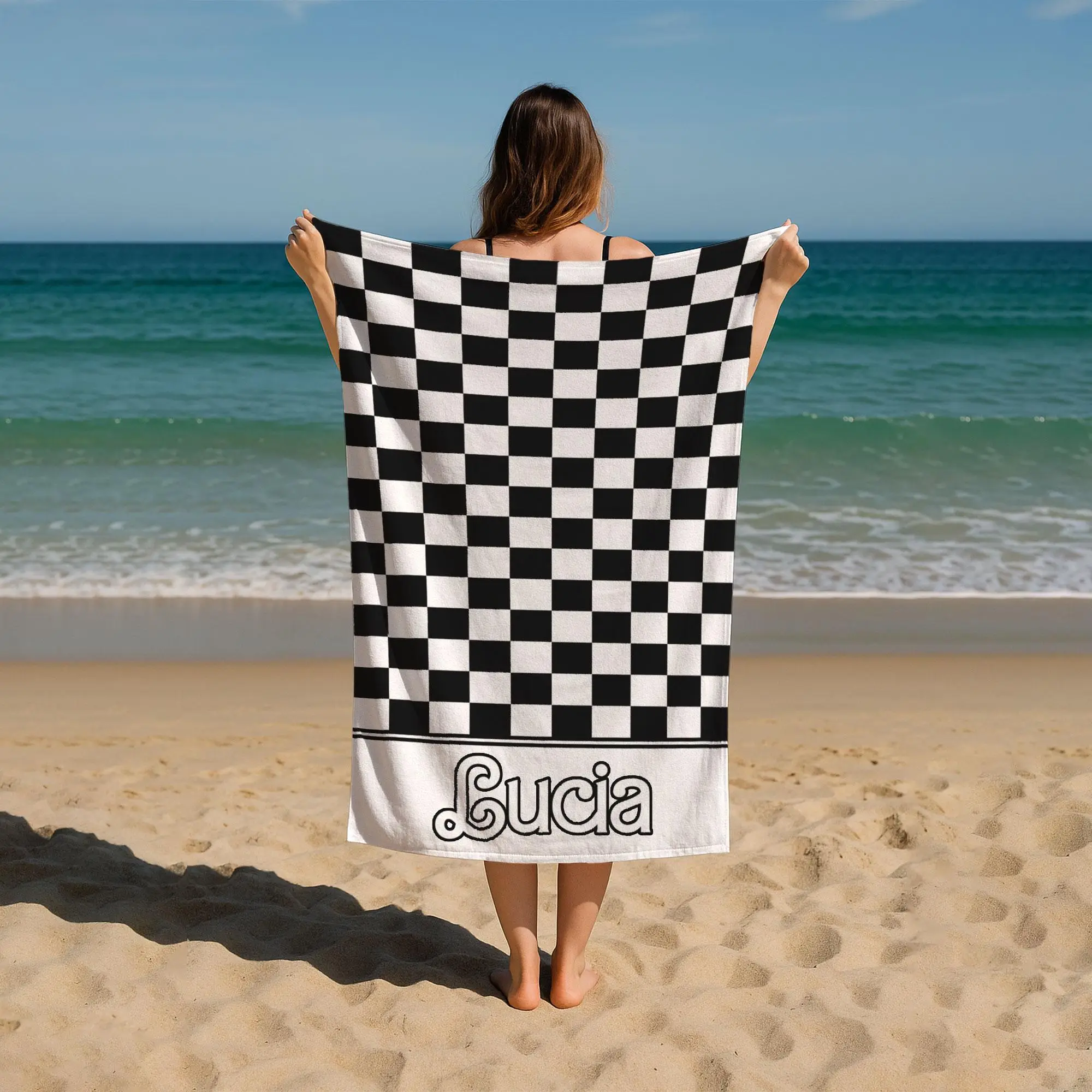 Custom Checkerboard Beach Towel Organic Cotton, Checkered Pattern, 28x53 Inches - 1