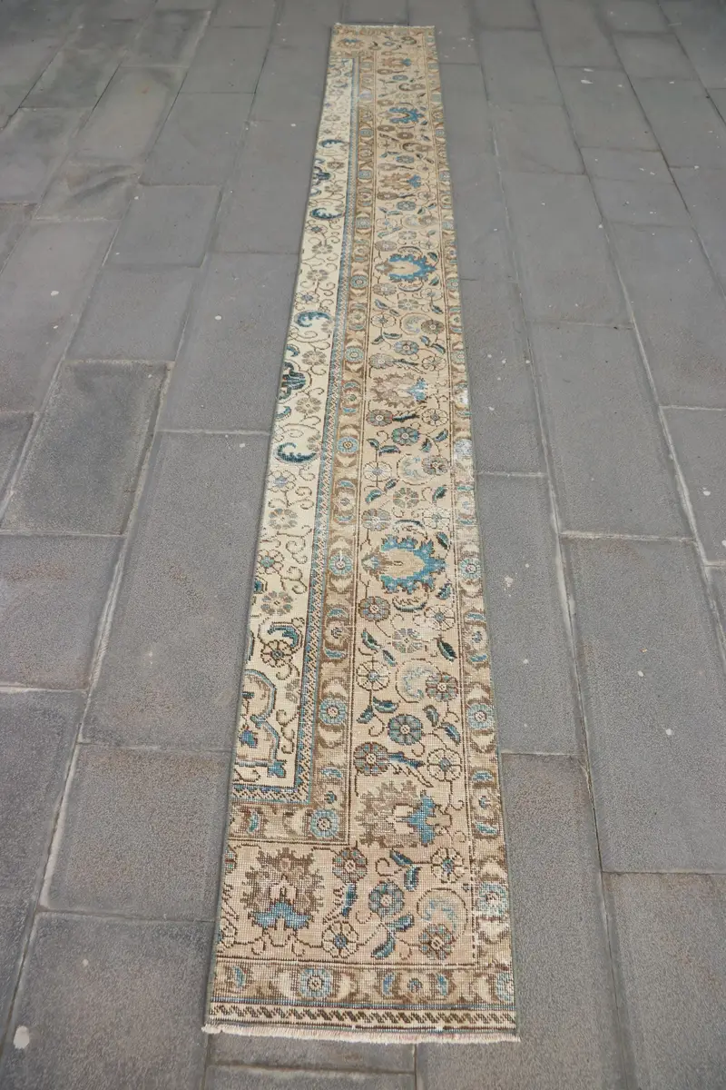 Alfombra vintage de 1,5x12,8 pies, alfombra turca corredora, alfombra abstracta azul - 1