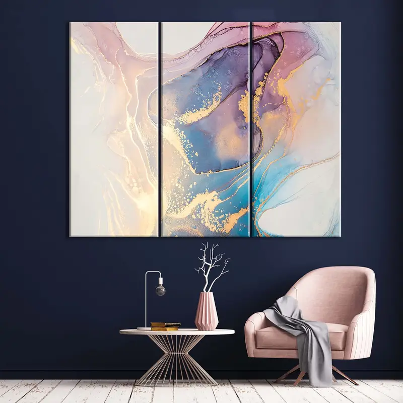 Creative Abstract Art, Golden Swirls Artwork, Color Dreamy Art, Blue Pink Harmony Art, Abstract Fluid Art, Mixture Colors Canvas, Wall Decor - 4