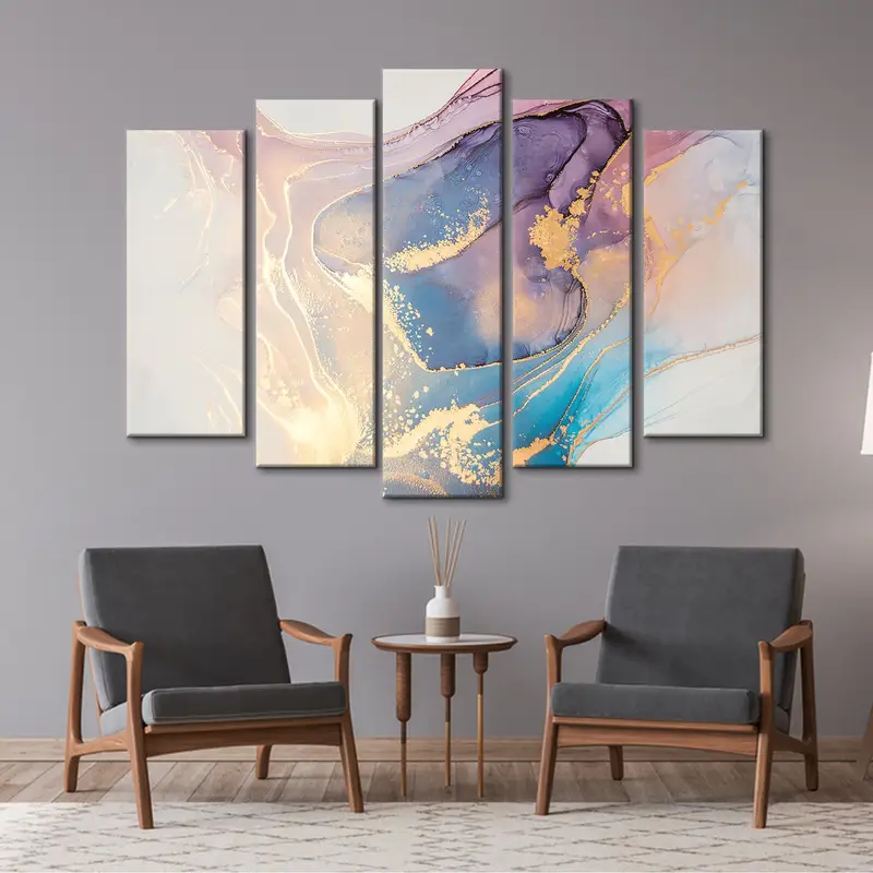 Creative Abstract Art, Golden Swirls Artwork, Color Dreamy Art, Blue Pink Harmony Art, Abstract Fluid Art, Mixture Colors Canvas, Wall Decor - 2