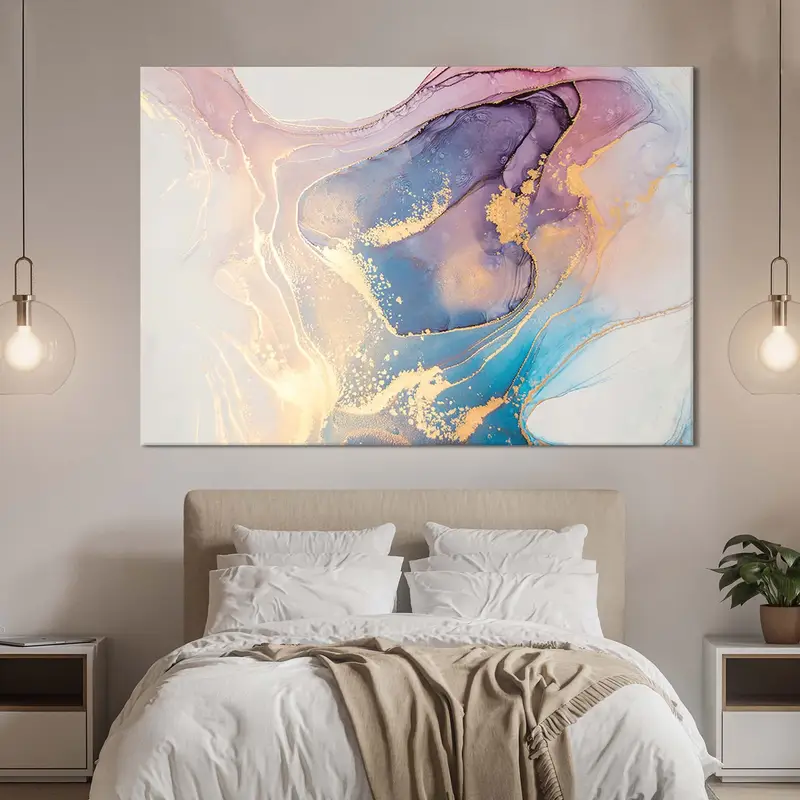 Creative Abstract Art, Golden Swirls Artwork, Color Dreamy Art, Blue Pink Harmony Art, Abstract Fluid Art, Mixture Colors Canvas, Wall Decor - 3
