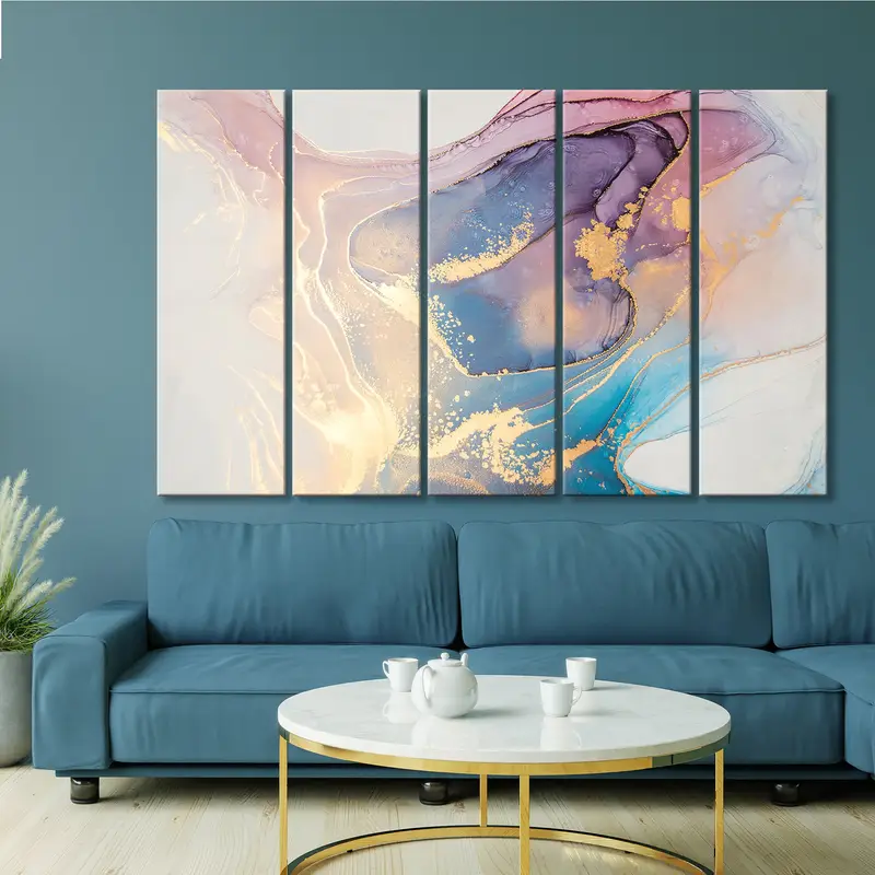 Creative Abstract Art, Golden Swirls Artwork, Color Dreamy Art, Blue Pink Harmony Art, Abstract Fluid Art, Mixture Colors Canvas, Wall Decor - 5