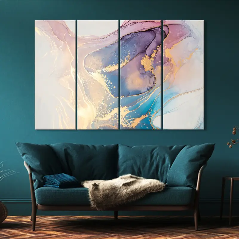 Creative Abstract Art, Golden Swirls Artwork, Color Dreamy Art, Blue Pink Harmony Art, Abstract Fluid Art, Mixture Colors Canvas, Wall Decor - 1