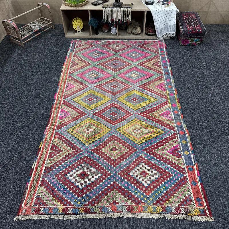 5,7x10 ft Teppich, türkischer Vintage Teppich, roter Kelim Wollteppich - 1