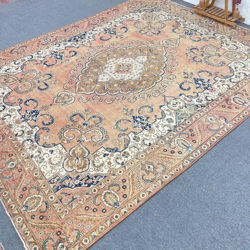 Turkish 9.6x12.2 ft Oversize Rug, Vintage Rug, Oushak Brown Striped Rug - 1