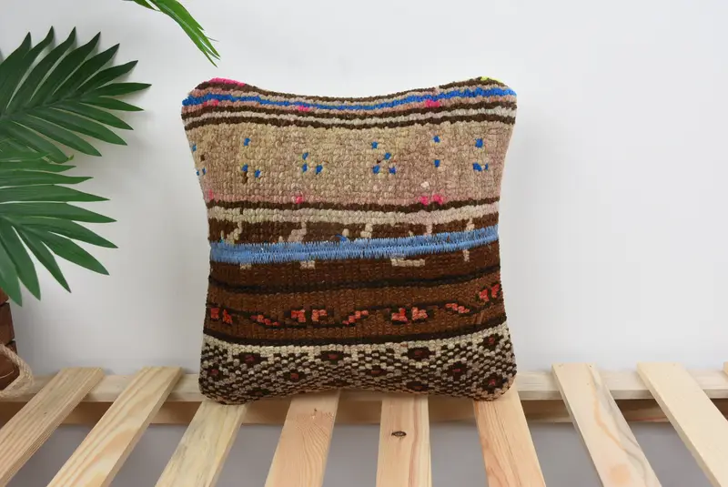 Accent Throw Pillow Case, Home Decor Pillow, Boho Pillow Sham Cover, Pillow, Colorful Cushion Case, Throw Kilim Pillow, 12x12 Brown Pillow Cover - 1