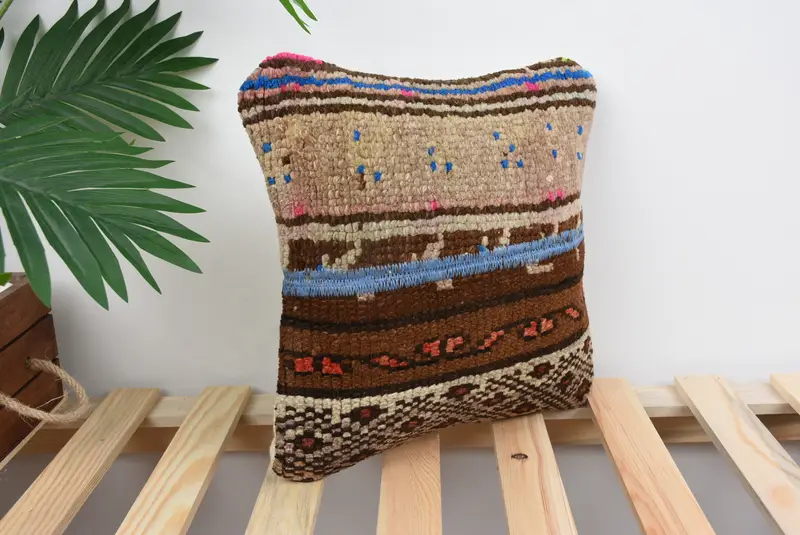 Accent Throw Pillow Case, Home Decor Pillow, Boho Pillow Sham Cover, Pillow, Colorful Cushion Case, Throw Kilim Pillow, 12x12 Brown Pillow Cover - 4