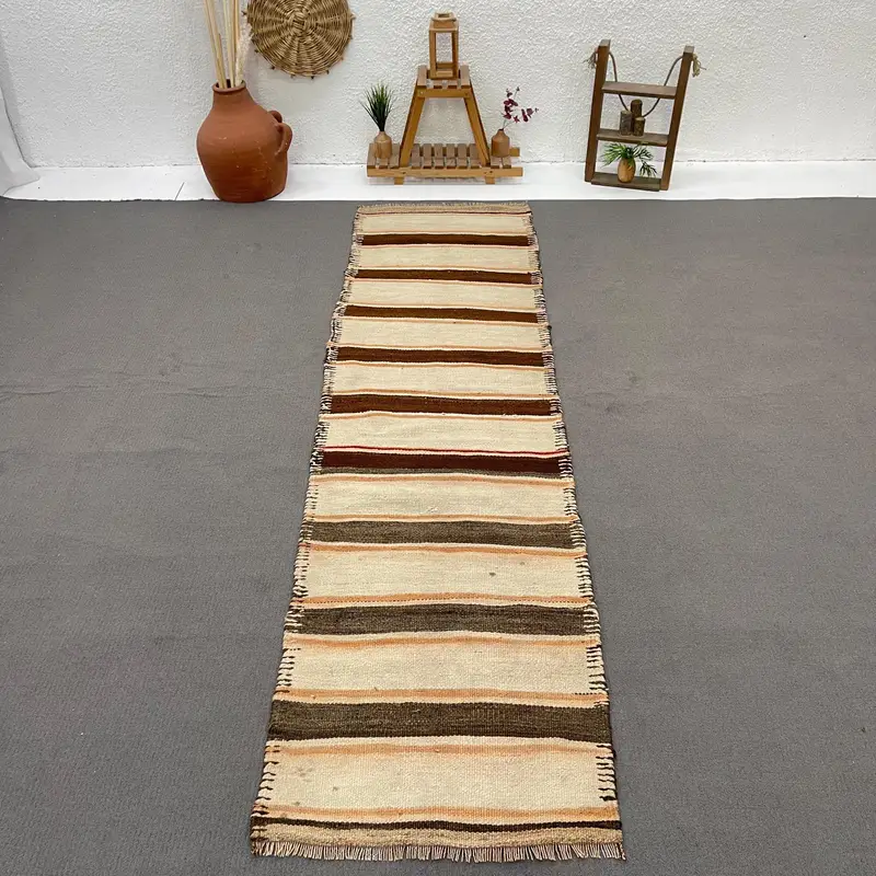 2.6x10 ft Rug, Vintage Kilim Rug, Turkish Brown Wool Ombré Rug - 1