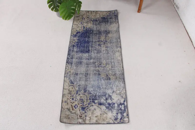 ブルーモロッコラグ、1.7x4.5フィート、グリーンアクセント付き