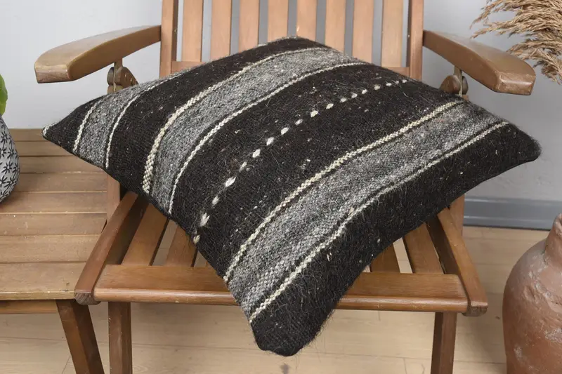 Turkish Kilim Pillow, Outdoor Bolster Cushion Cover, Pillow Cover, Vintage Kilim Throw Pillow, 20x20 Brown Cushion Case, Interior Designer Pillow - 4