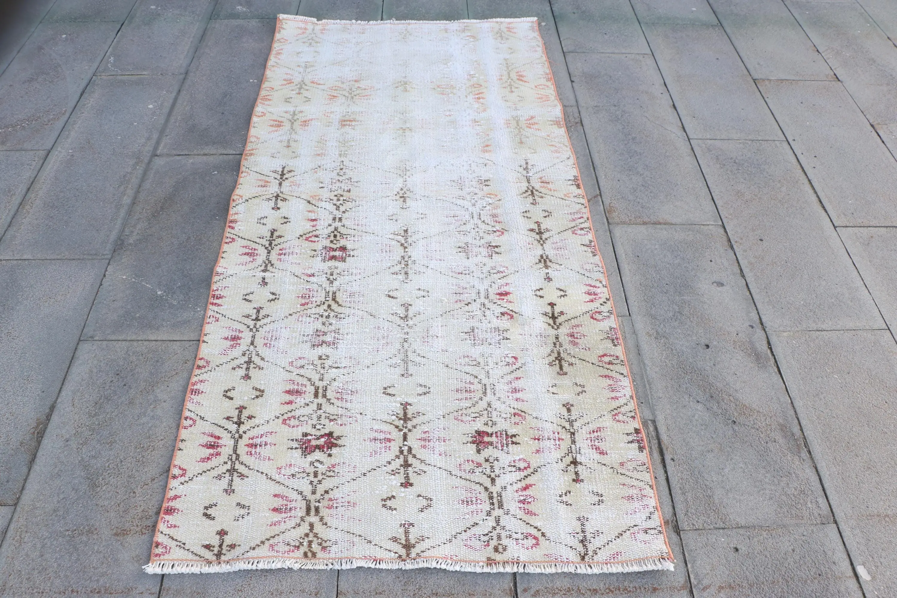 Turkish Vintage Rug, 3x6 ft Accent Rug, White Floral Rug - 1