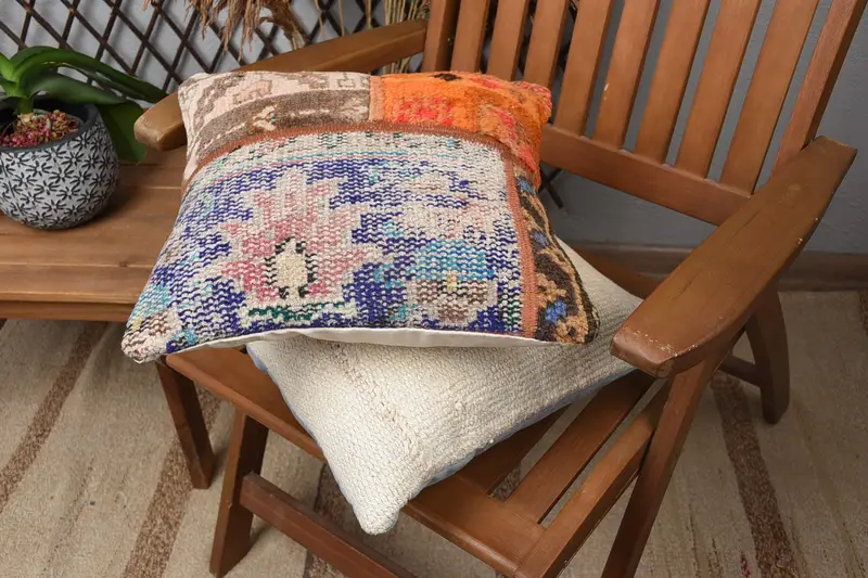 Sofa Cushion, Bolster Pillow, 14x14 Blue Cushion Case, Antique Pillows, Pillow Sham, Vintage Kilim Throw Pillow, Turkish Kilim Pillow - 4