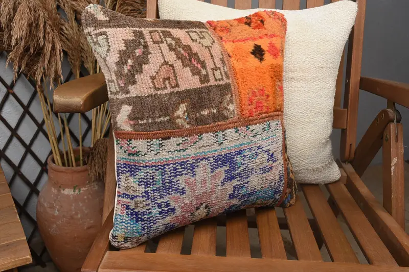 Sofa Cushion, Bolster Pillow, 14x14 Blue Cushion Case, Antique Pillows, Pillow Sham, Vintage Kilim Throw Pillow, Turkish Kilim Pillow - 2