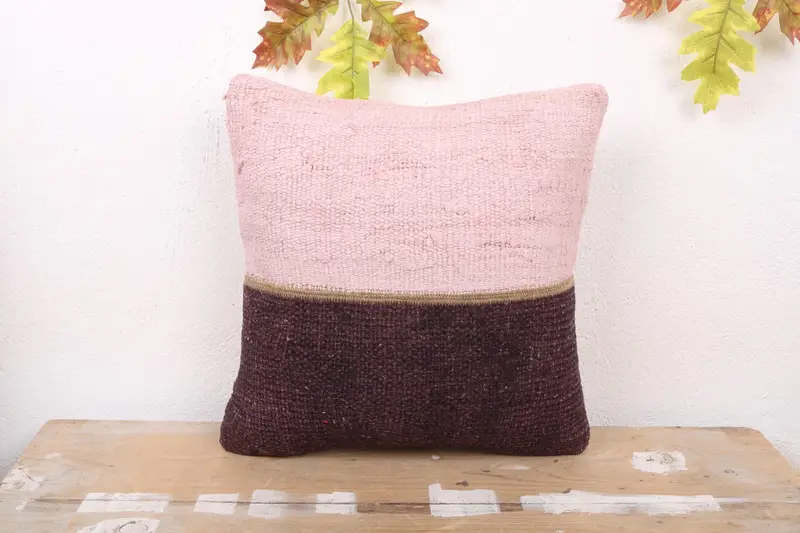 Rosa & braunes Patchwork-Wurfkissen, 16x16 besticktes Kissen