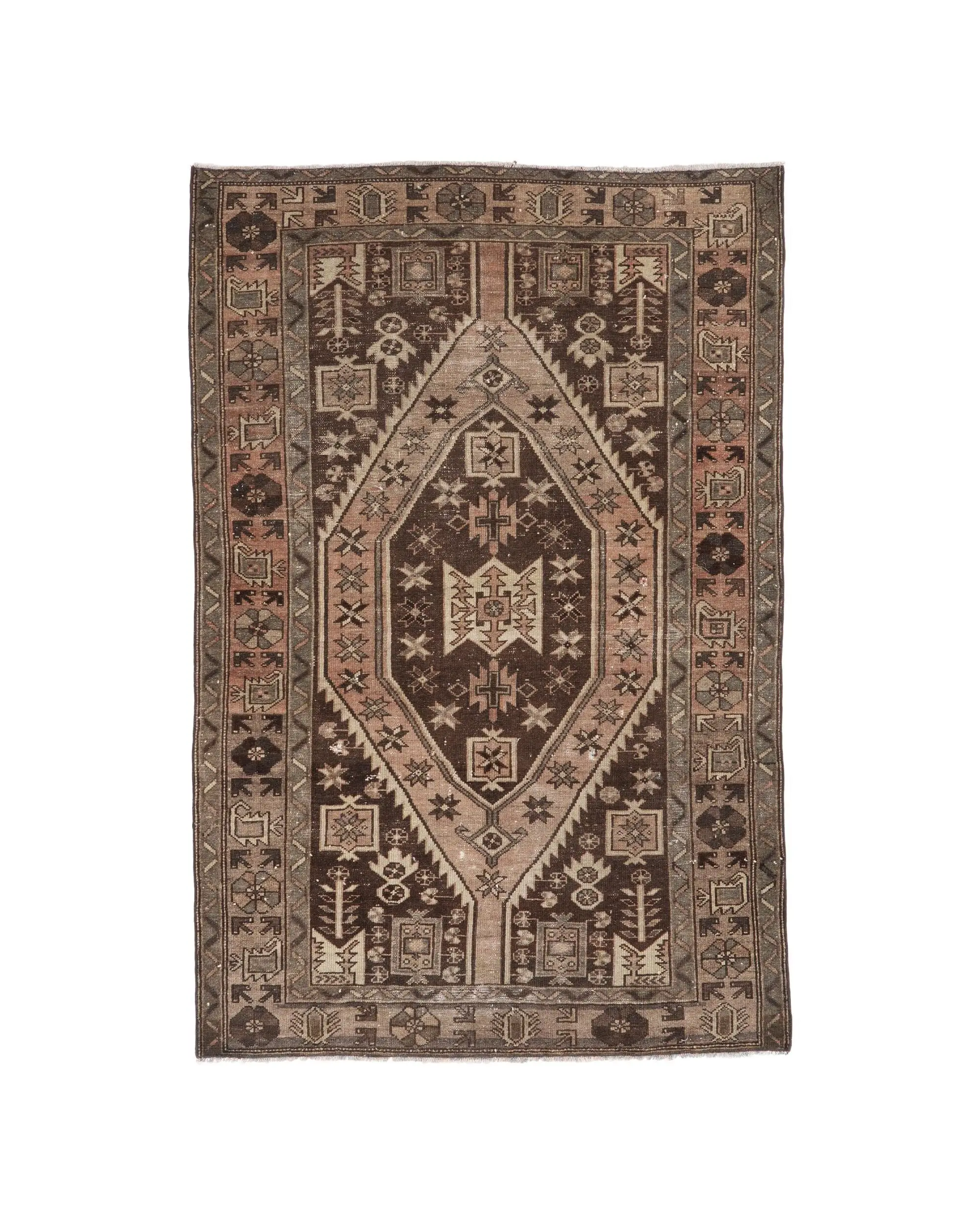 Vintage Rug, 4.3x6.4 ft Turkish Rug, Brown Animal Print Wool Rug - 1